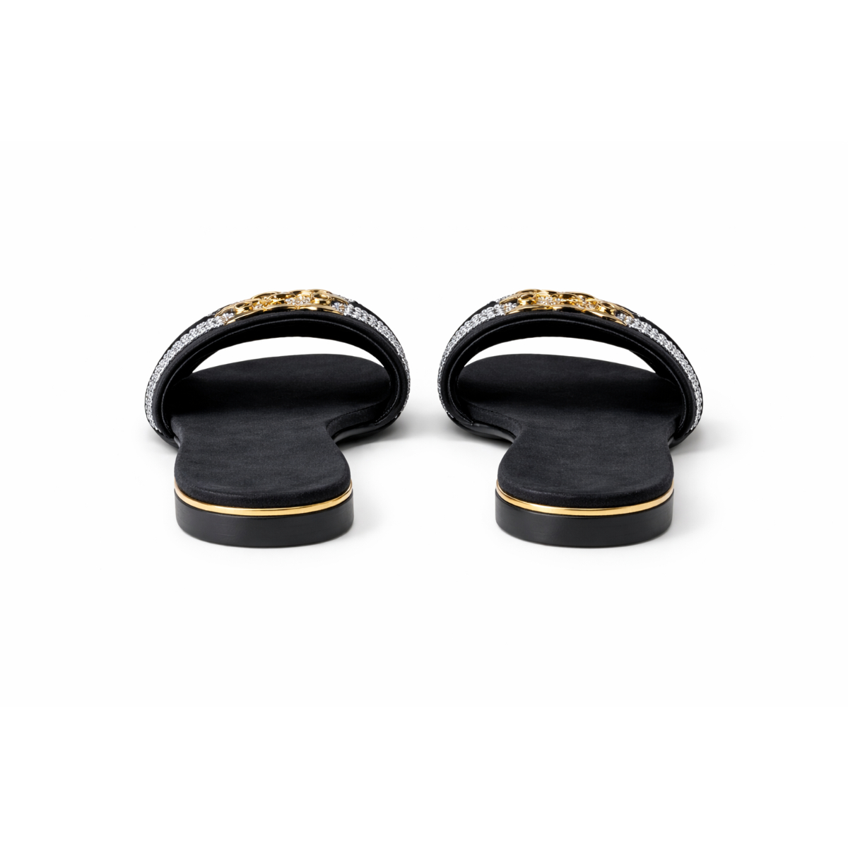 Women Black Slide Sandals with Gold Chain and Rhinestone Strap