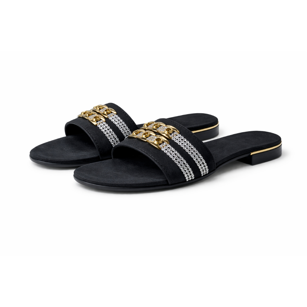 Women Black Slide Sandals with Gold Chain and Rhinestone Strap