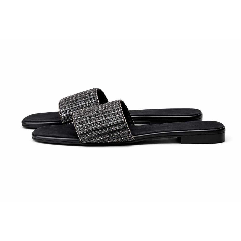Women Black Slide Sandals with Ribbed Textured Strap