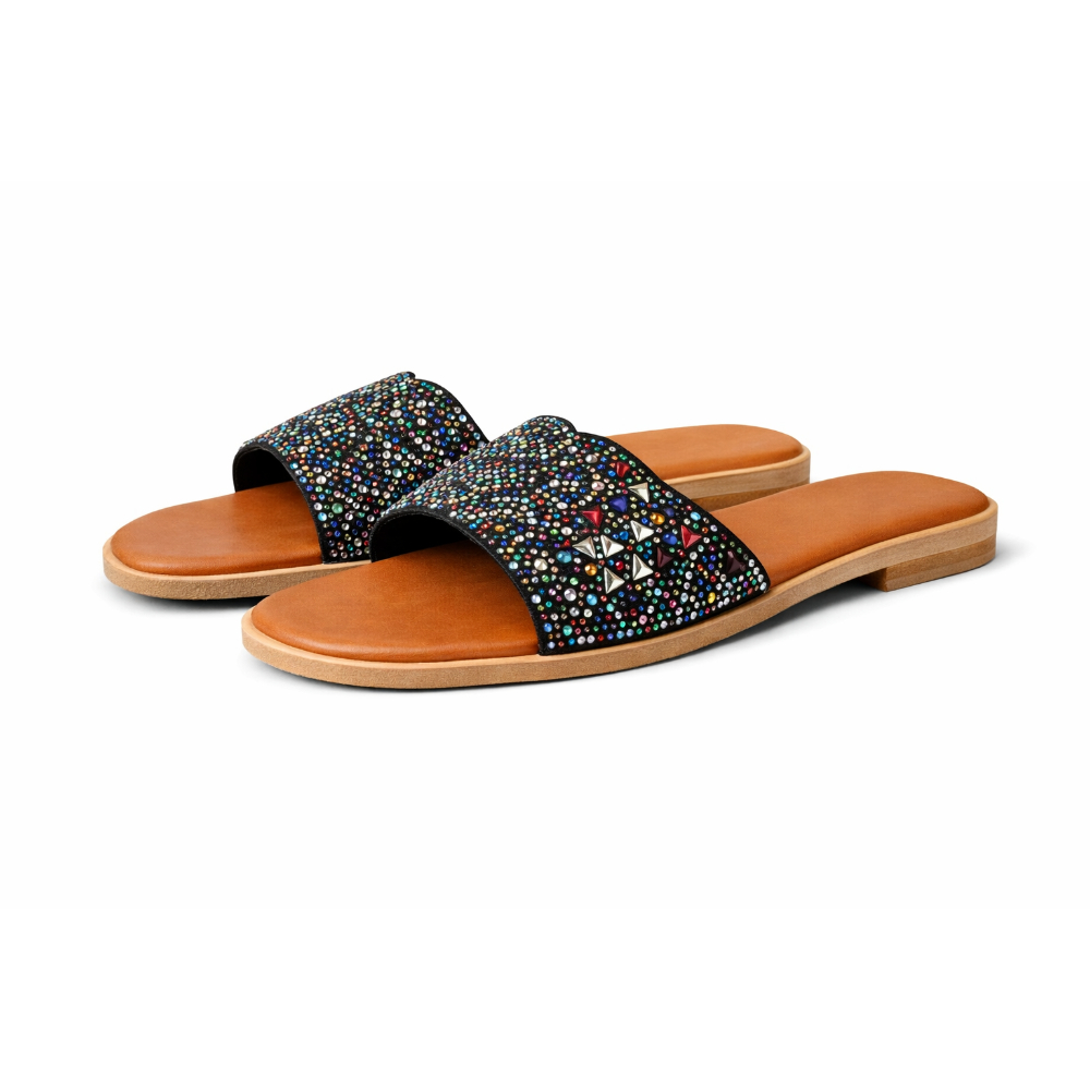 Women Studded Slide Sandals with Multicolor Crystal Strap