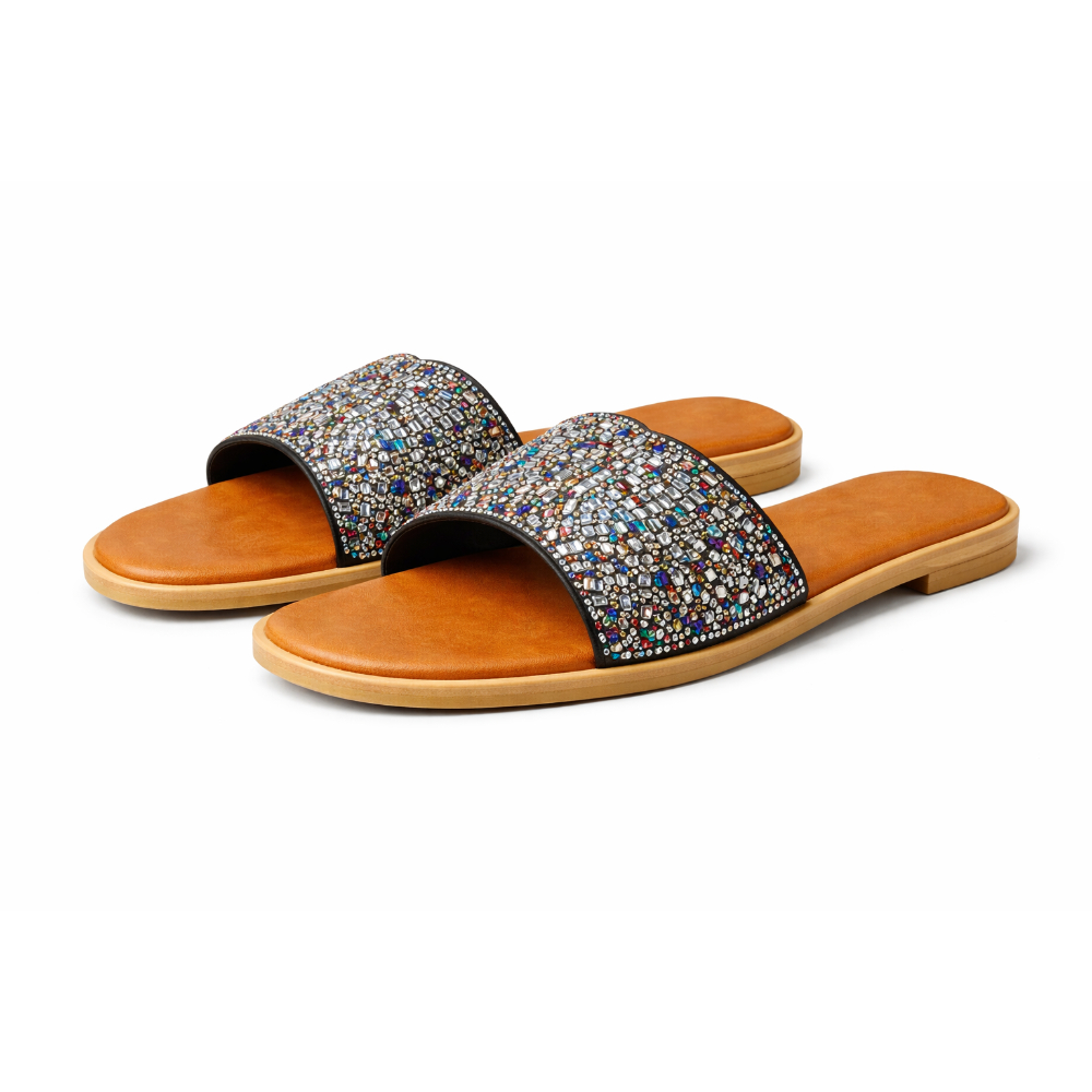 Womens Premium Crystal Embellished Comfort Slide Sandals