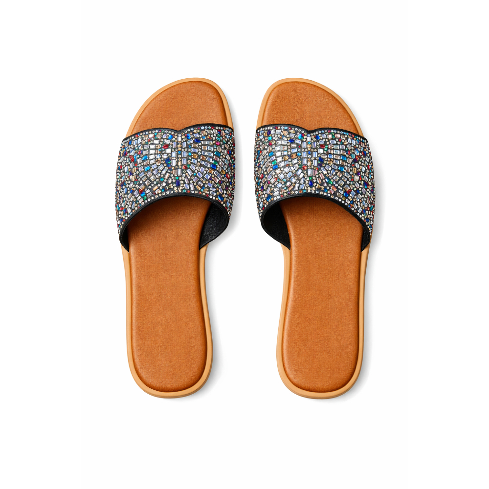 Womens Premium Crystal Embellished Comfort Slide Sandals