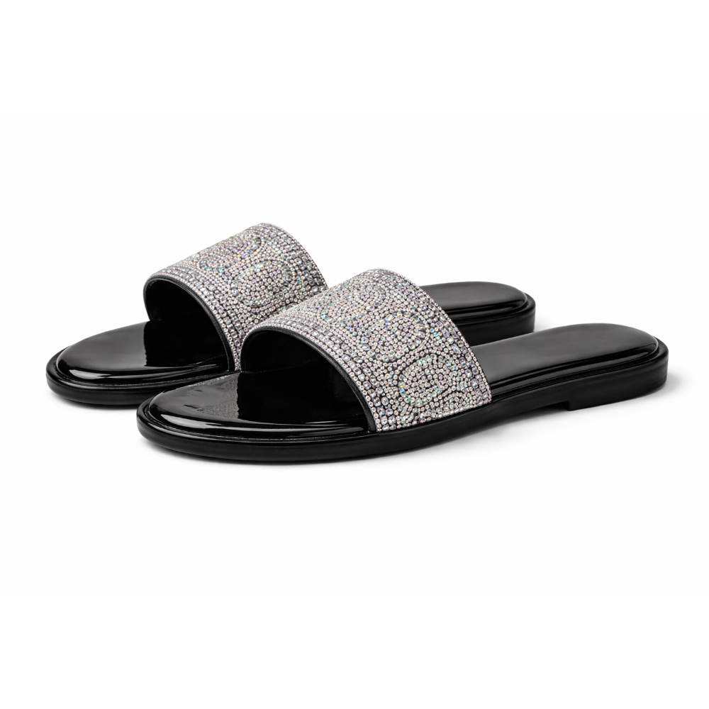 Womens Rhinestone Slide Sandals with Glossy Footbed