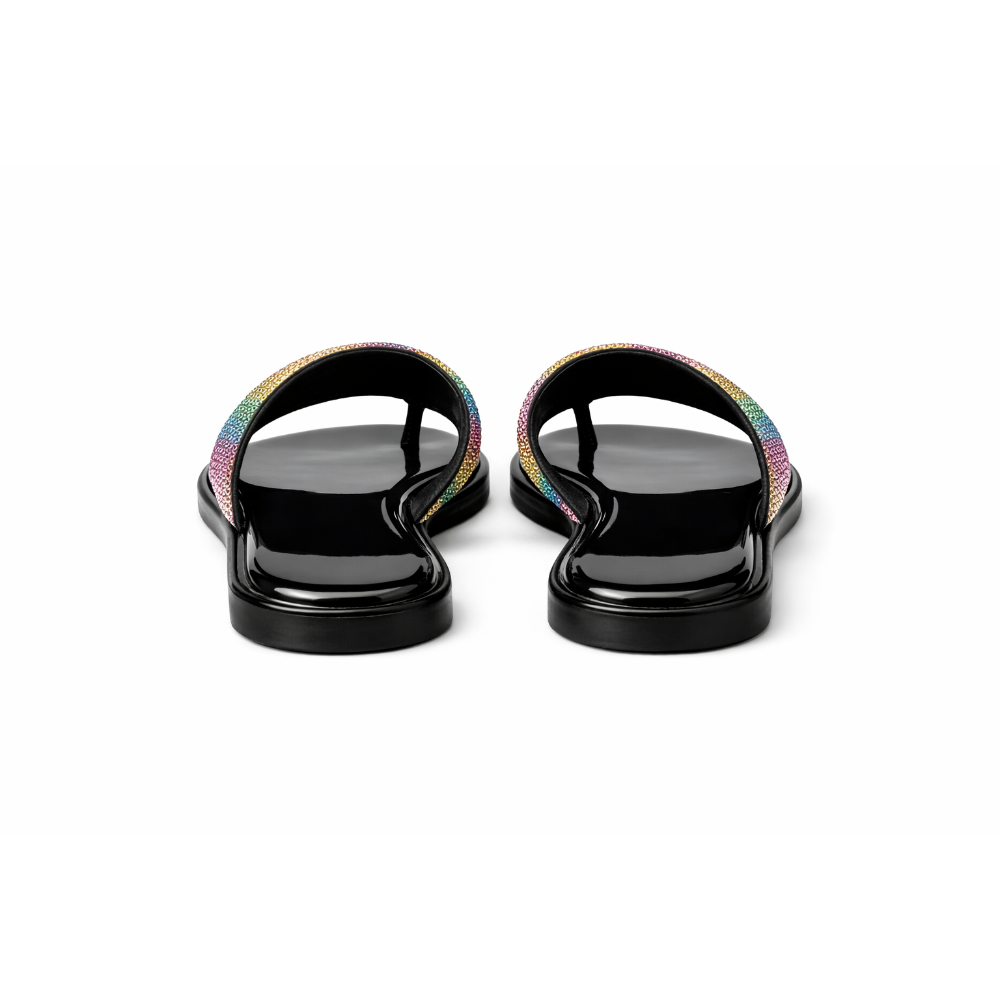 Womens Rainbow Rhinestone Flip Flops with Glossy Black Footbed