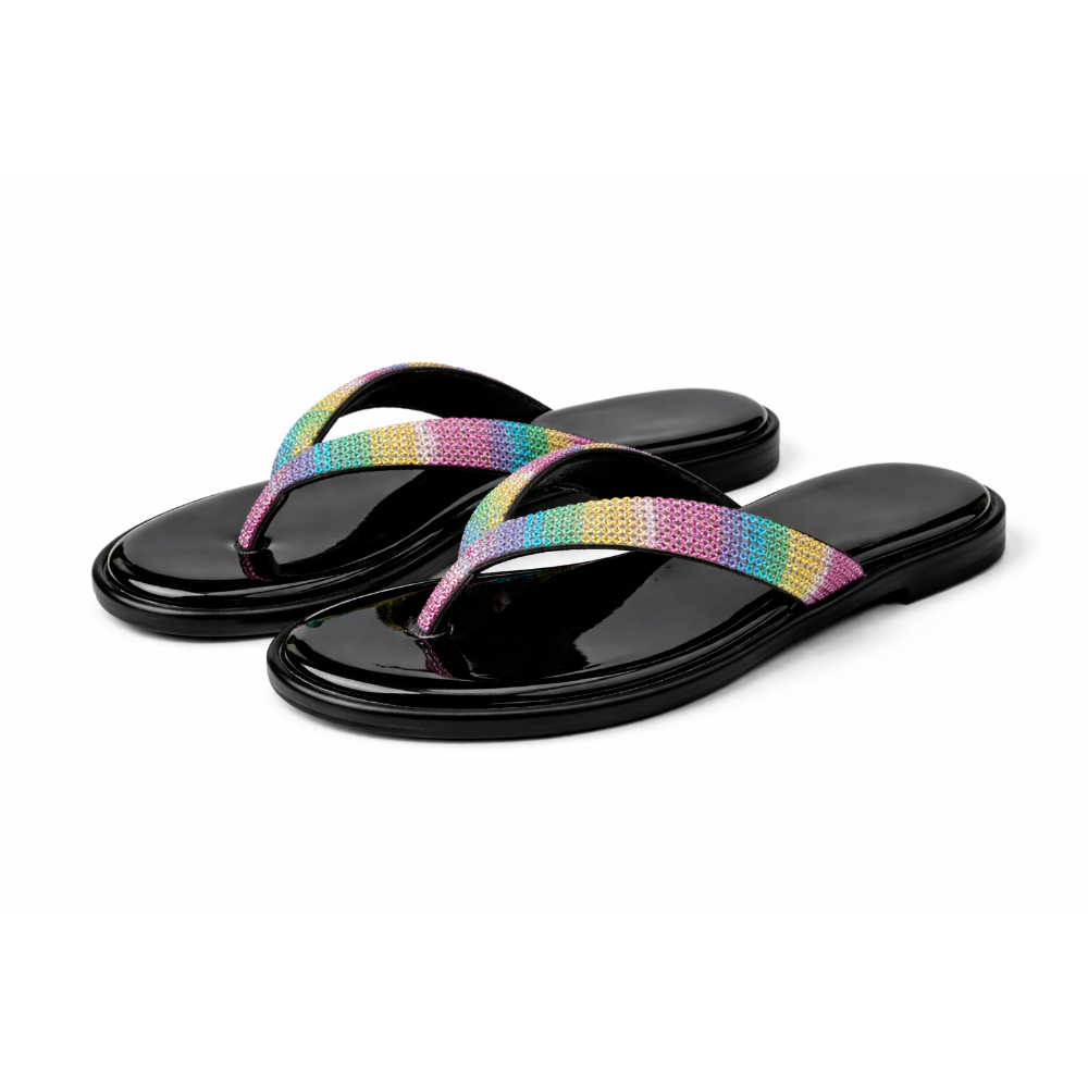 Womens Rainbow Rhinestone Flip Flops with Glossy Black Footbed