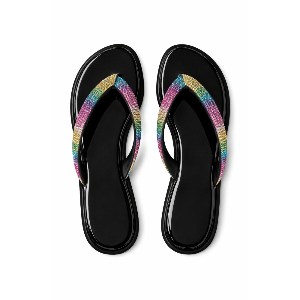 Womens Rainbow Rhinestone Flip Flops with Glossy Black Footbed