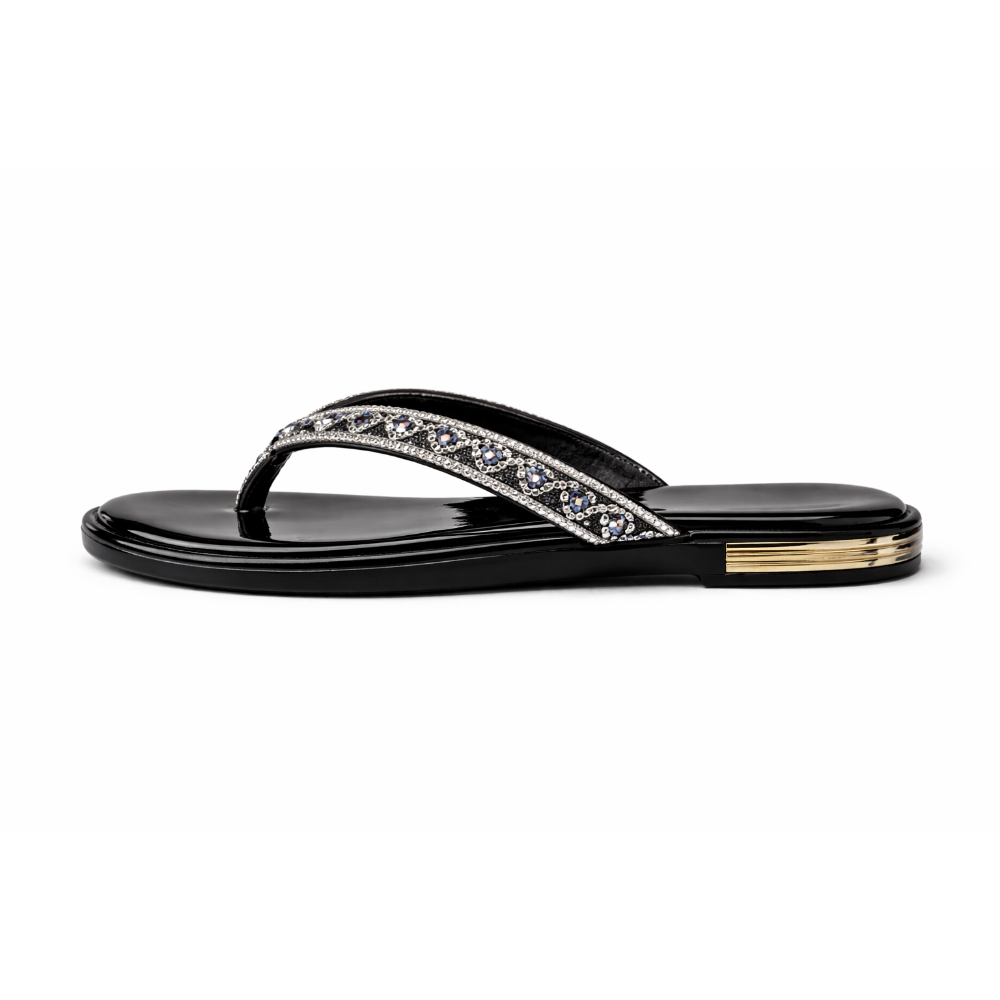 Women Black Rhinestone Flip Flops with Gold Accent Heel
