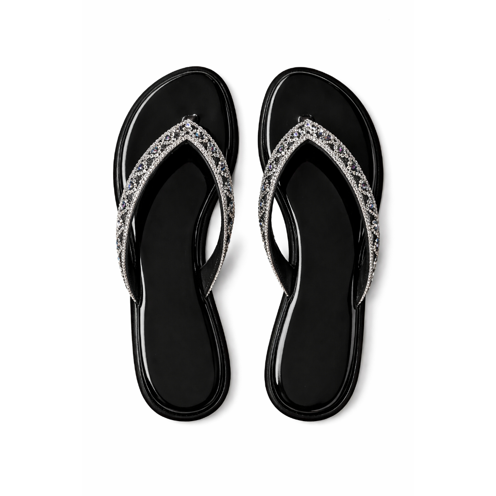 Women Black Rhinestone Flip Flops with Gold Accent Heel