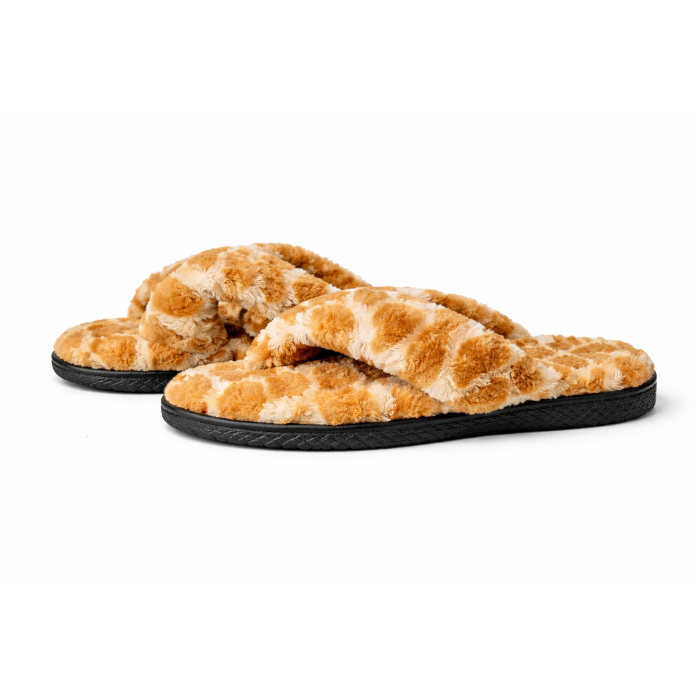 Womens Brown & White Plush Furry Slippers with Anti Slip Sole