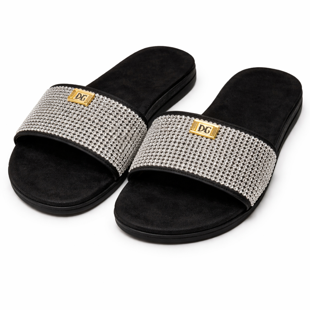 Womens Rhinestone Strap Flat Slide Sandals