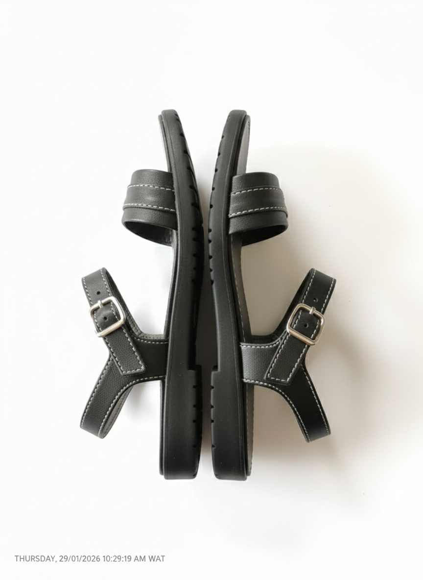 Womens Black Flat Sandals with Adjustable Buckle Straps