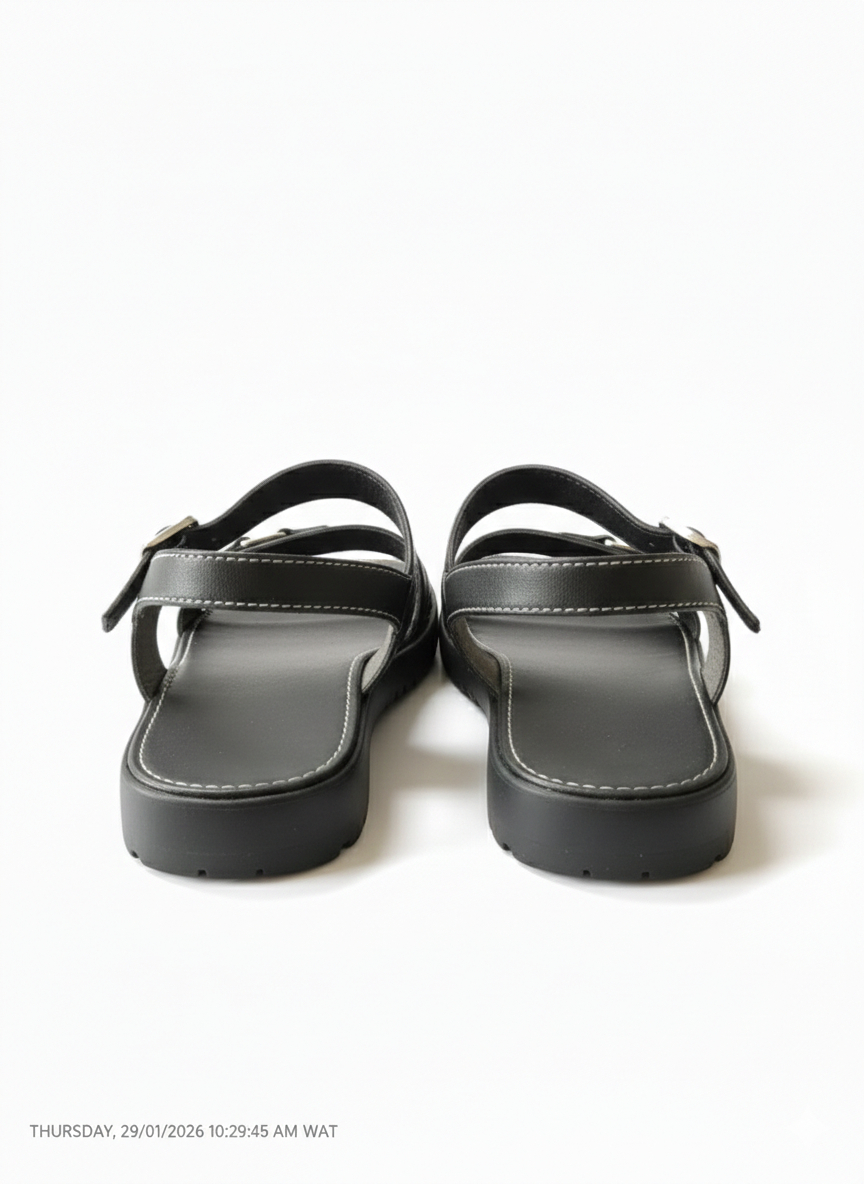 Womens Black Flat Sandals with Adjustable Buckle Straps