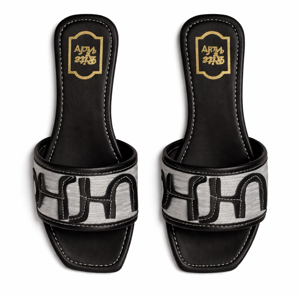 Women Flat Slide Sandal with silver Textured Strap