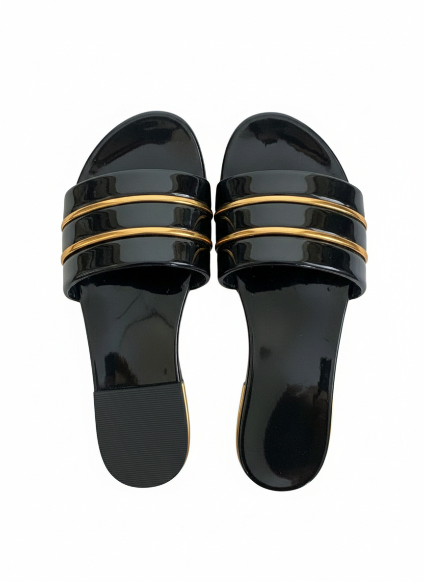 Black Slip On Slippers with Gold Accents