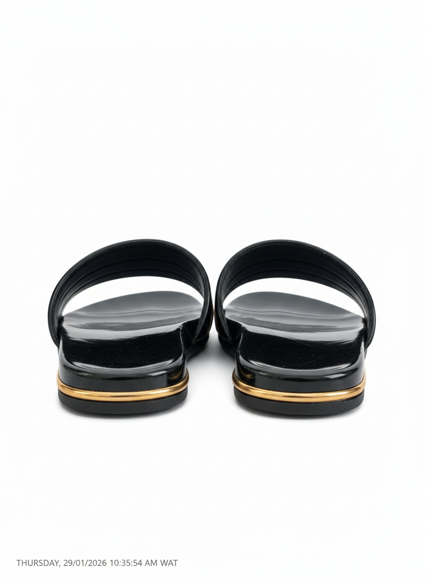 Black Slip On Slippers with Gold Accents