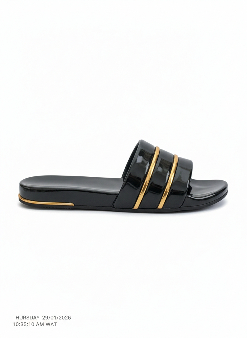 Black Slip On Slippers with Gold Accents