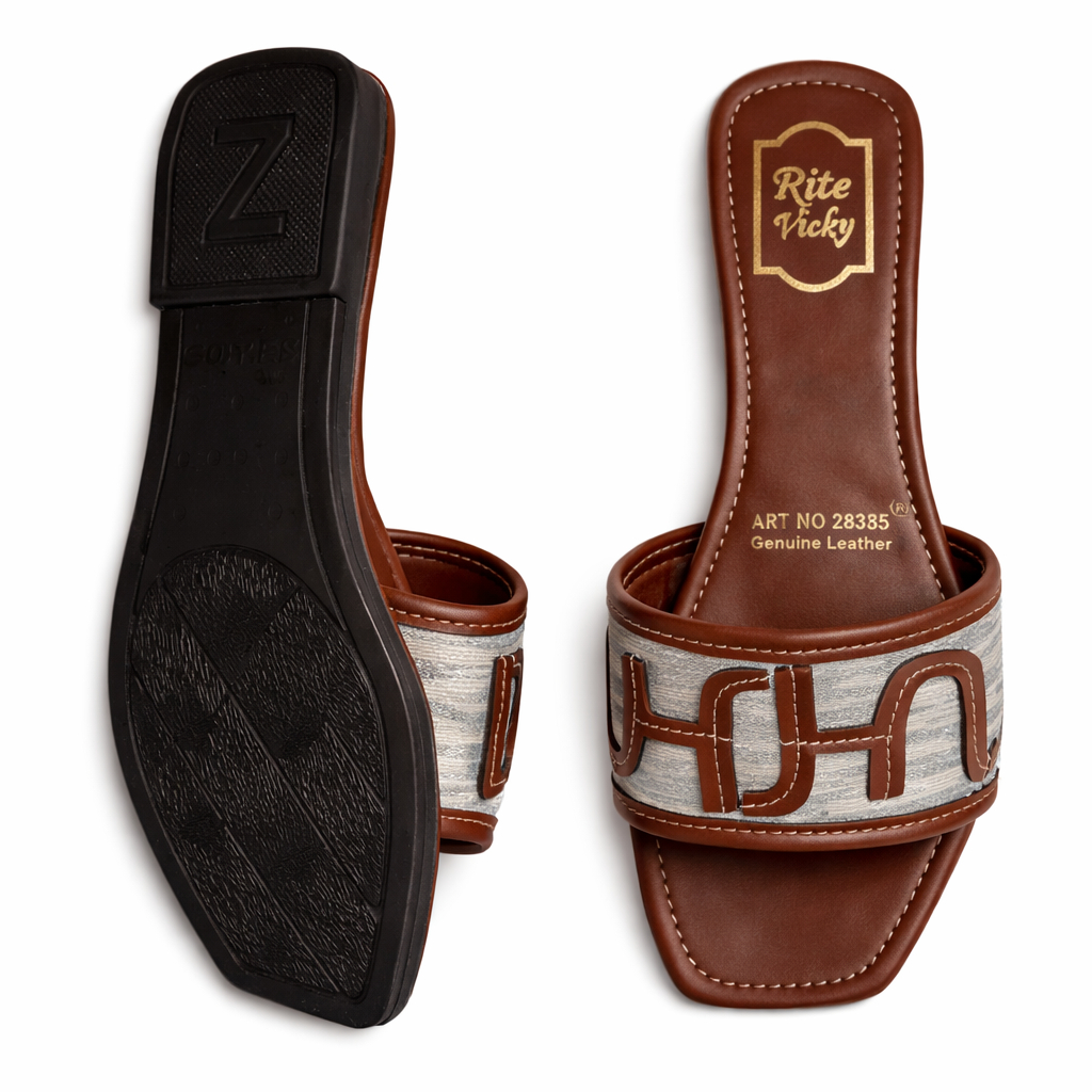 Women Flat Slide Sandal with Patterned brown and silver Strap