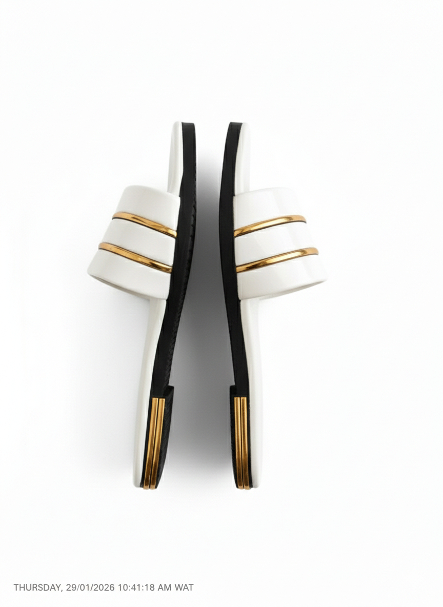 Women White Glossy Flat Slides with Gold Accent Straps