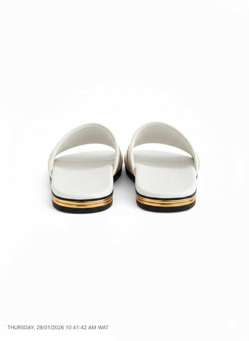 Women White Glossy Flat Slides with Gold Accent Straps