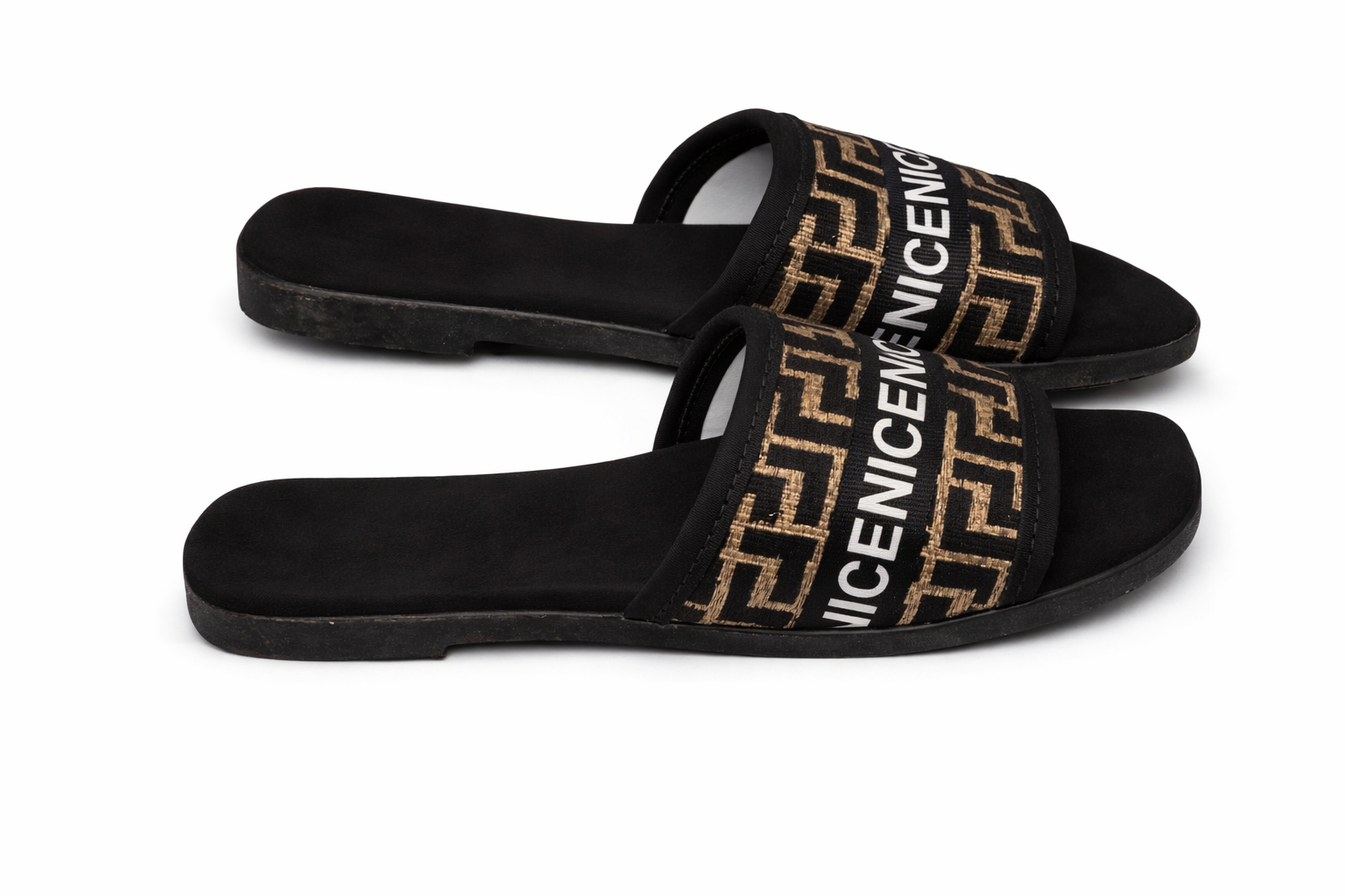 Elegant Womens Flat Slide Sandals with Patterned Strap