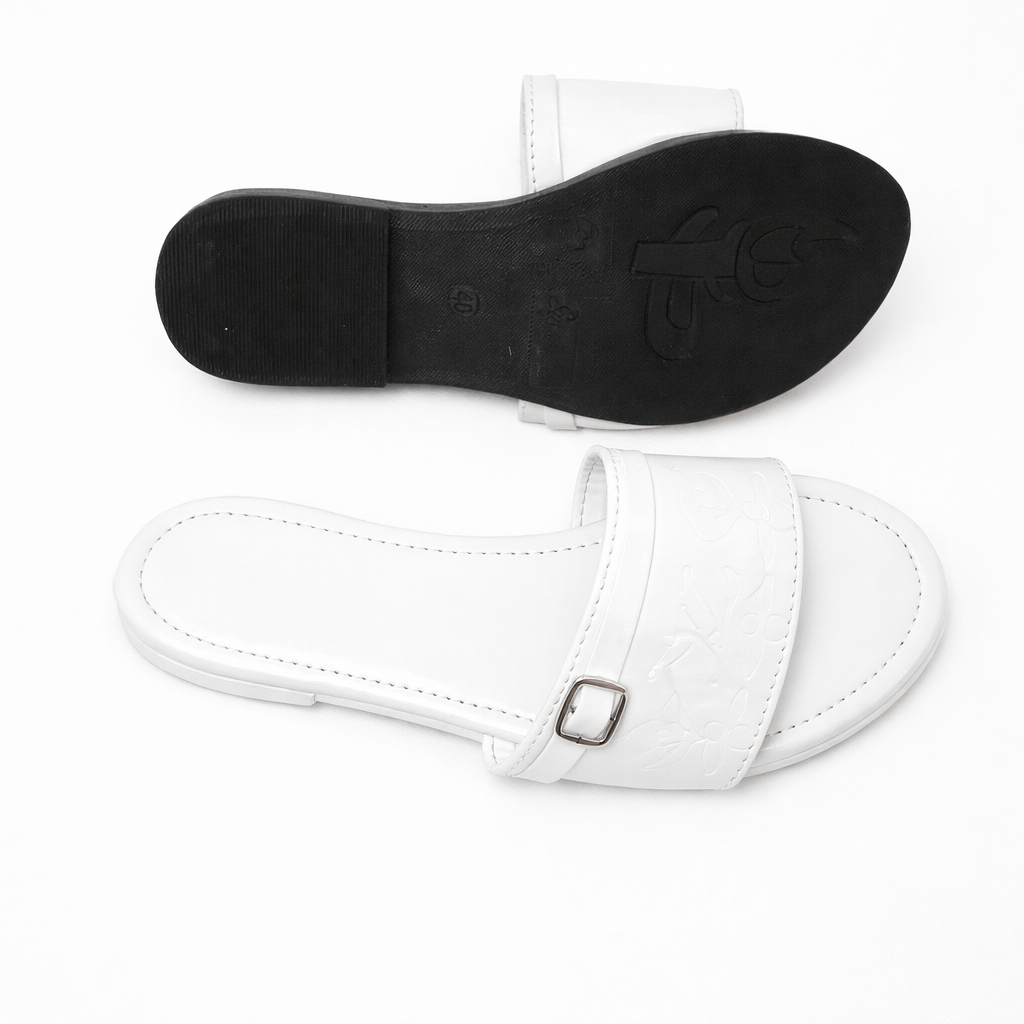 Womens White Buckle Strap Flat Slide Sandals