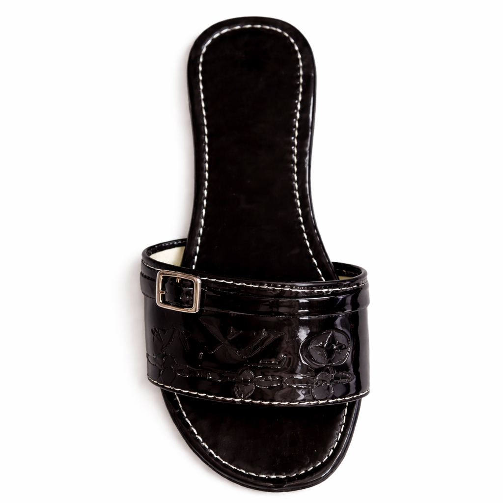 Womens Glossy Strap Flat Slide Sandals