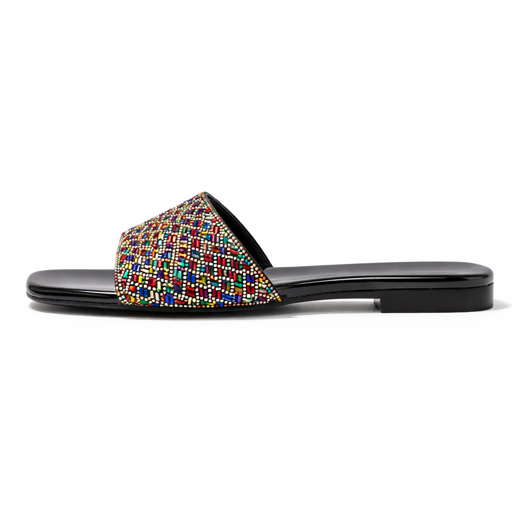 Beaded Flat Slide Sandals with Textured Sole