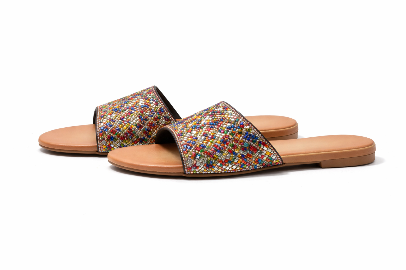 Quality Multicolor Beaded Flat Slide Sandals