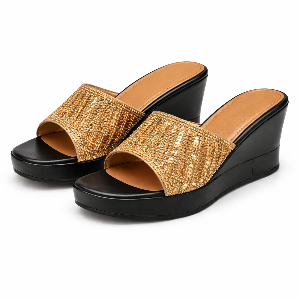 Gold Beaded Wedge Slide Sandals