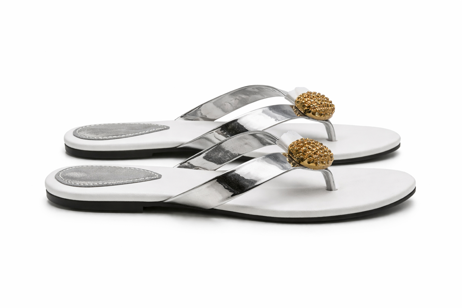 White Flat Slide Sandals with Metallic Strap Detail