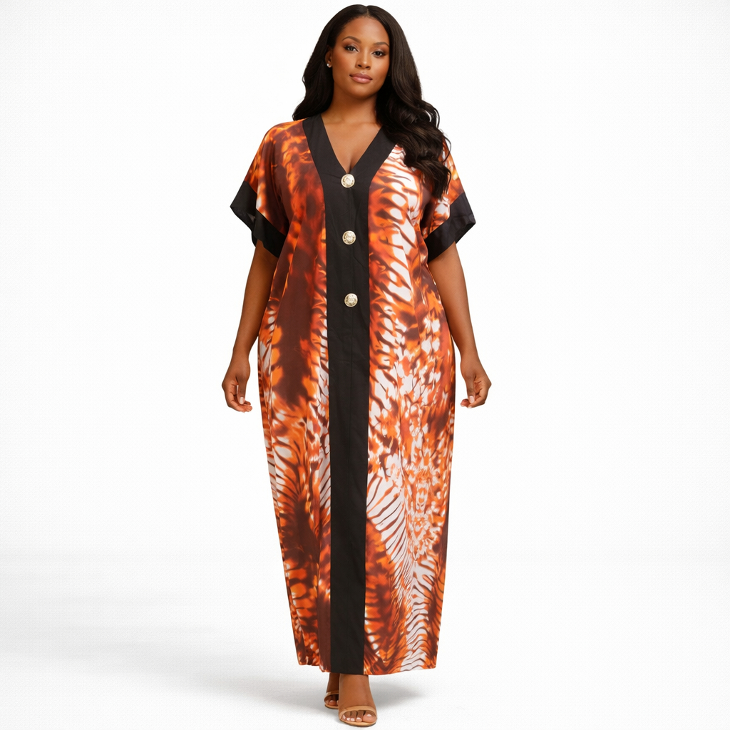Womens Long Button Front Patterned Dress