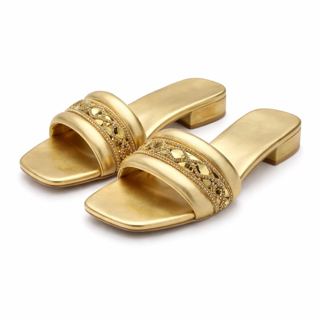 Women Rhinestone Strap Block Heel Slide Sandals