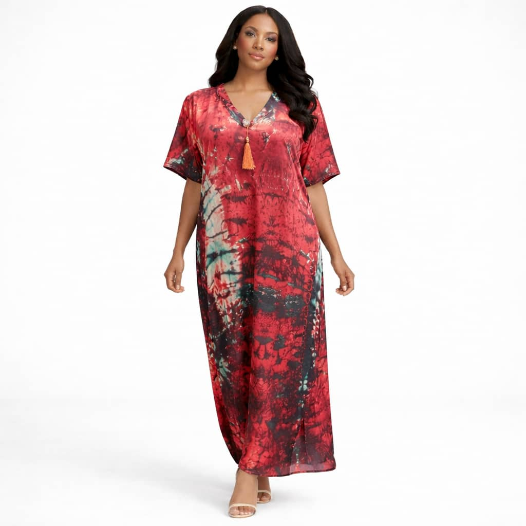 Women Tie Dye Kaftan Dress with Short Sleeves