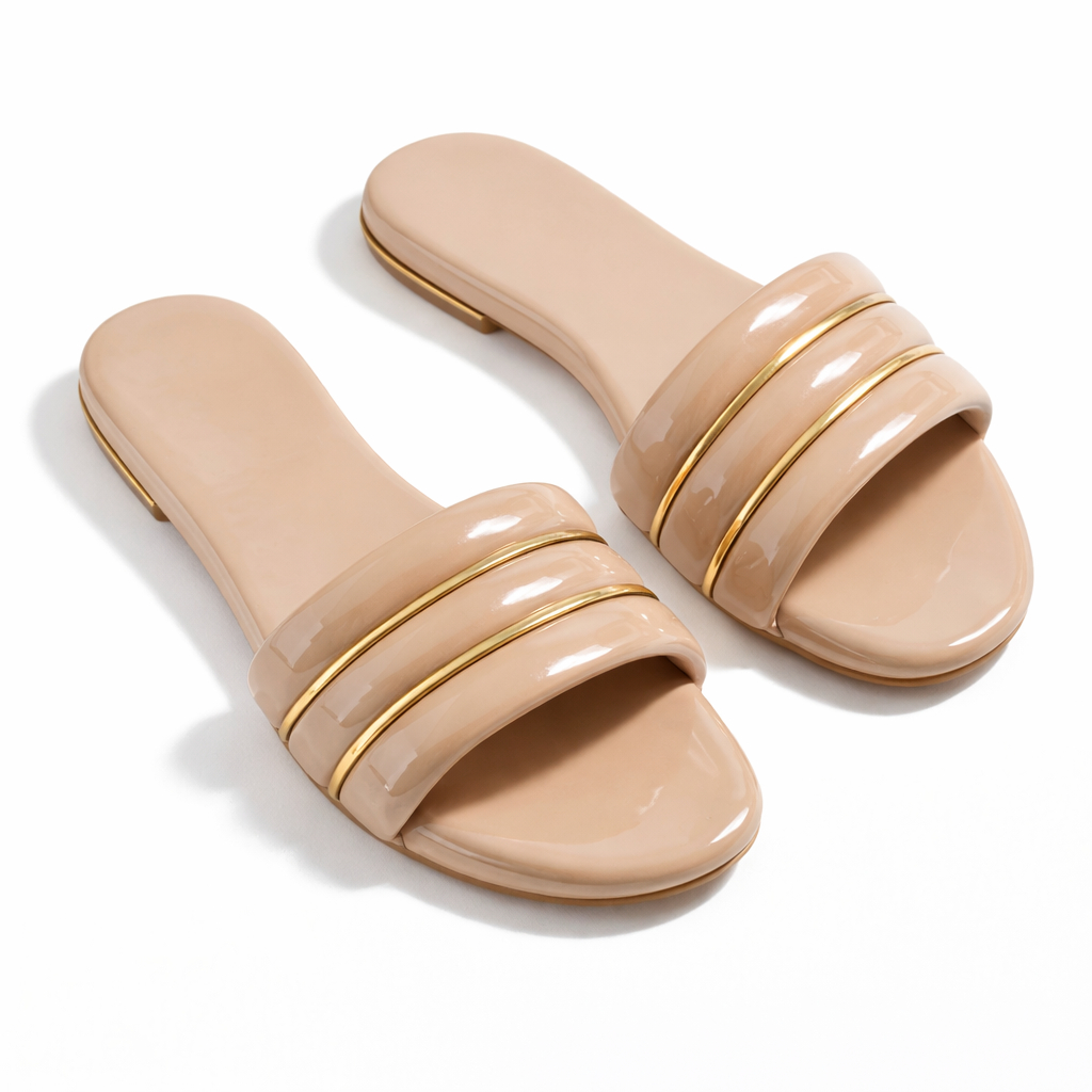 Glossy Triple Strap Flat Slide Sandals