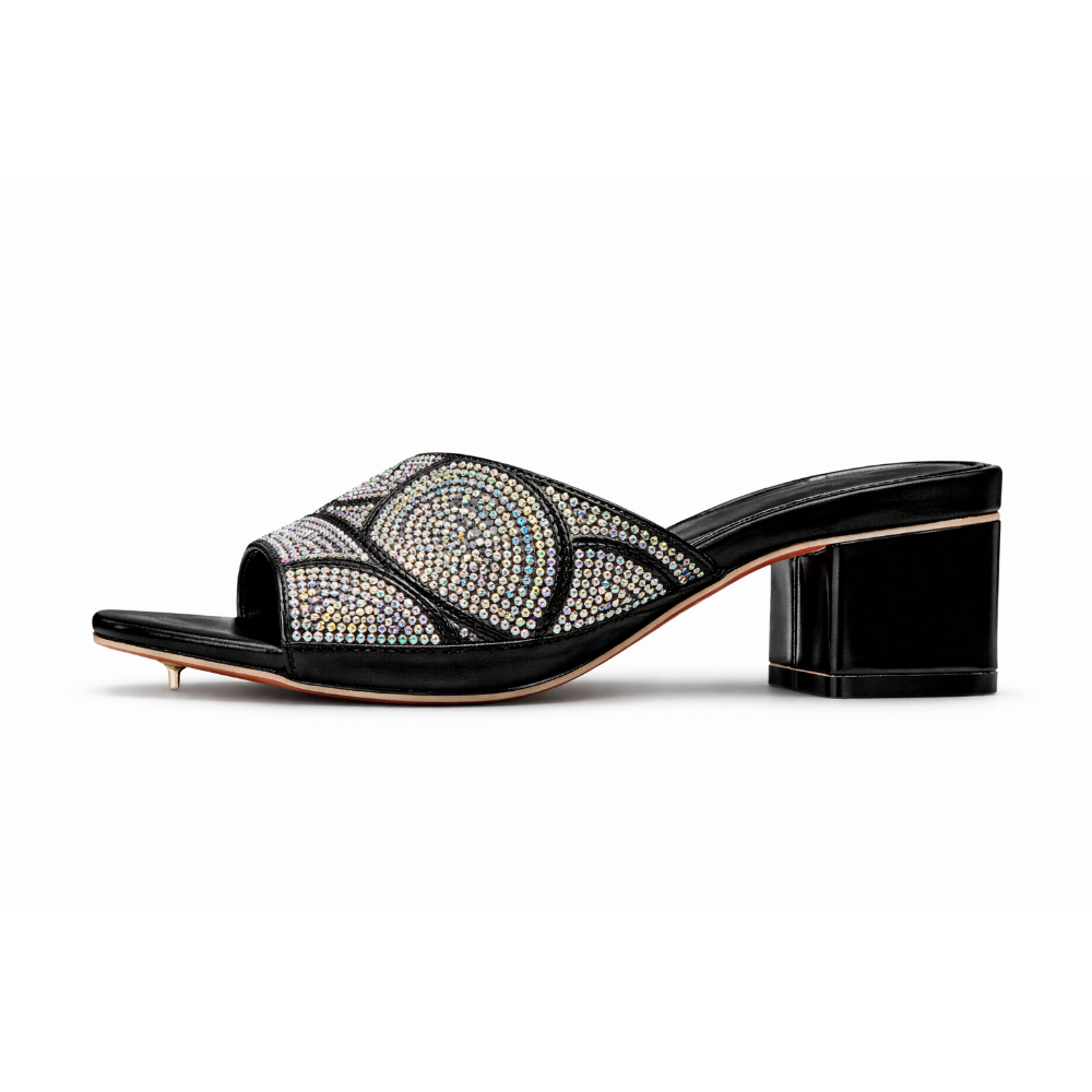 Women Black Rhinestone Mule Block Heel Slip On Sandals