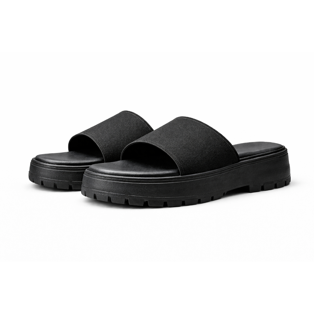Women Black Elastic Strap Flat Slide platform Sandals