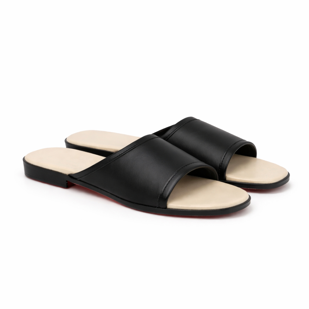 Women Flat SlipOn Sandals with Metallic Accent Strap