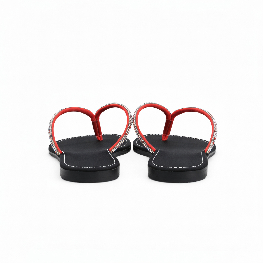 Women Flat ToePost Sandals with Red Rhinestone Strap