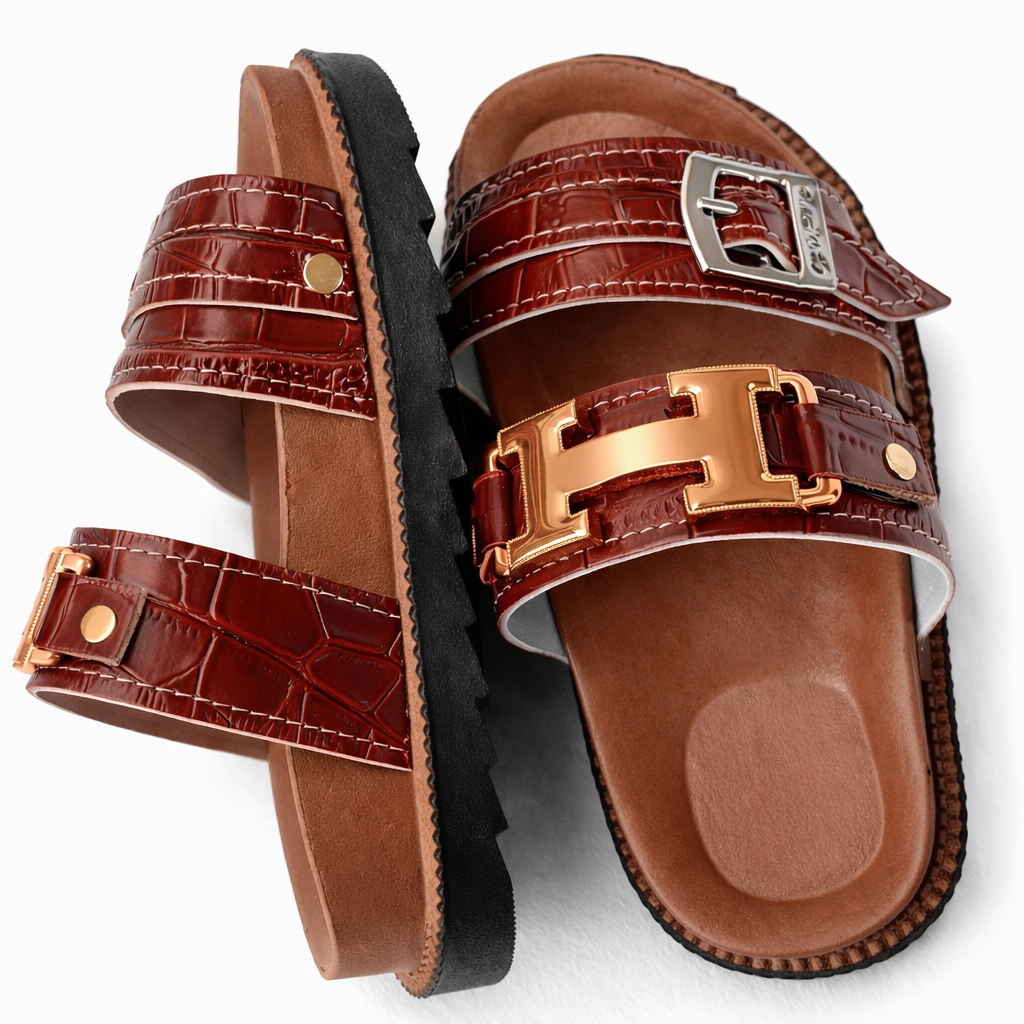 Adjustable Double Strap Flat Sandals with Textured Finish