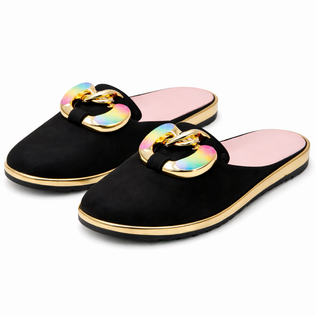 Slip On Open Back Sandal with Decorative Buckle and Metallic Sole