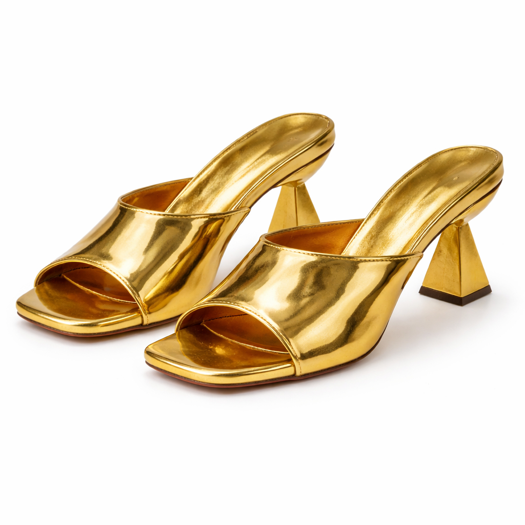 Metallic Open Toe Slip On Heeled Sandals