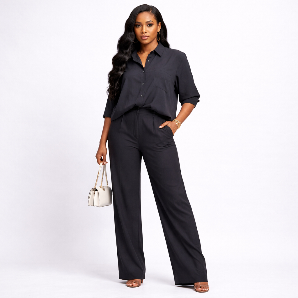 Women Plain Black Short Sleeve Button Up Shirt