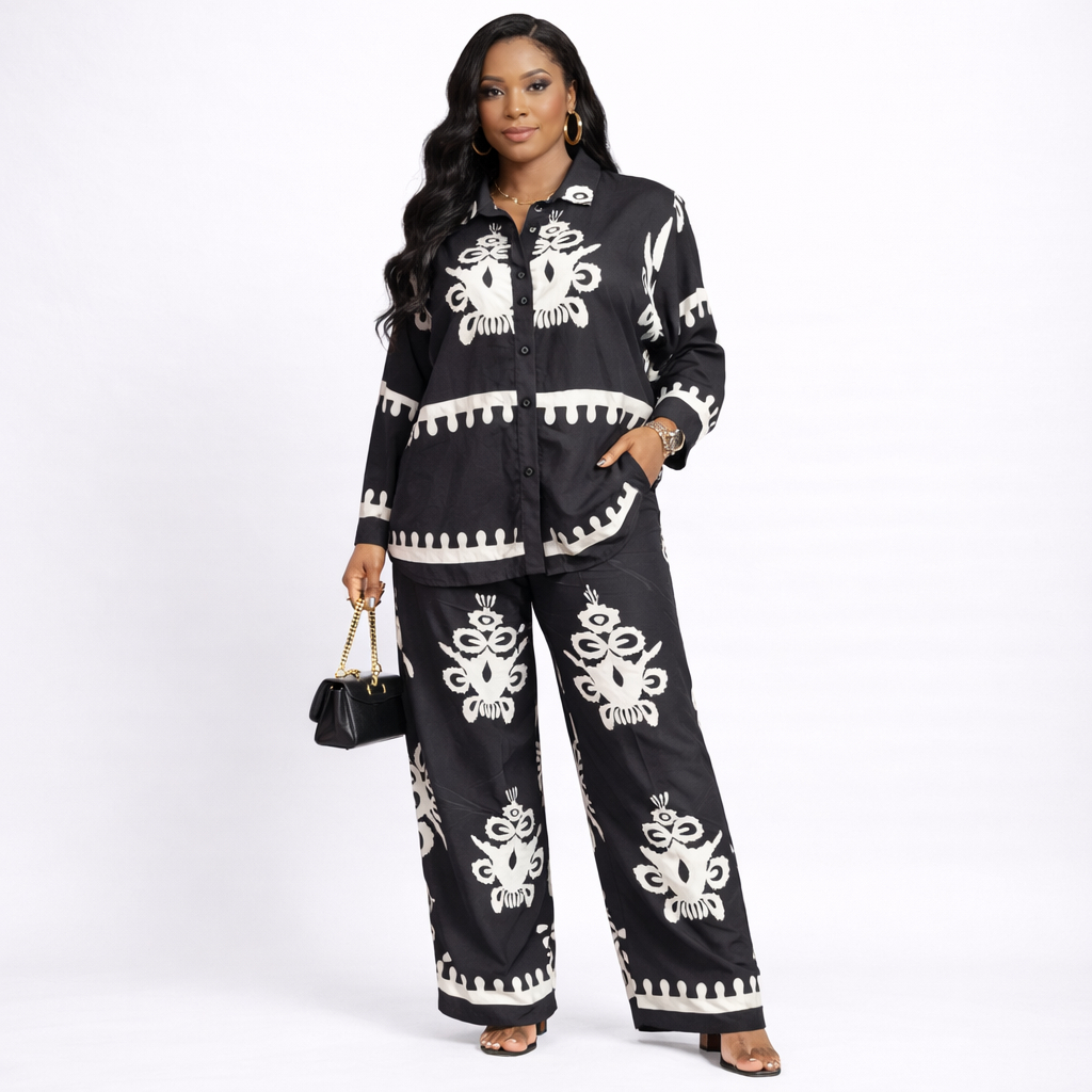 Women Black and White Tribal Print Two Piece Pants Set