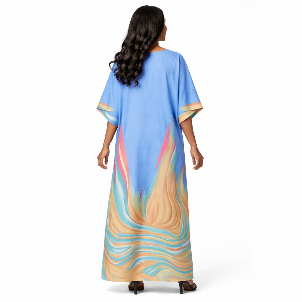 Blue Maxi Dress with Multicolor Flowing Print