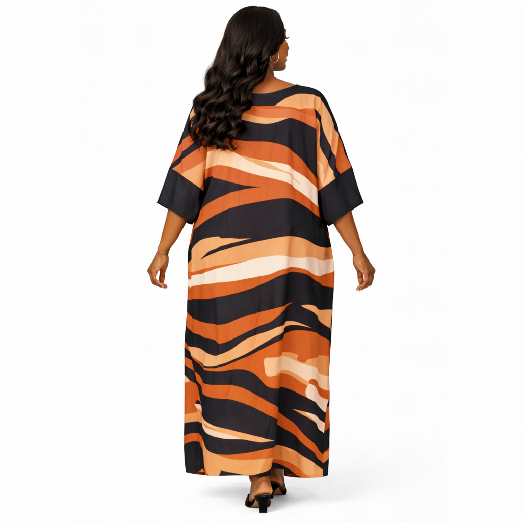 Printed Long Dress with V Neck Embellished Neckline