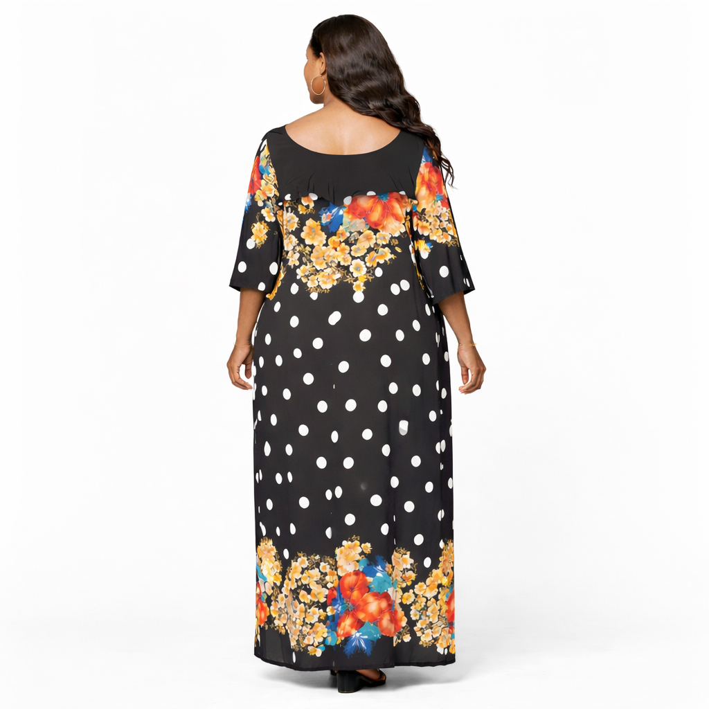 Floral and Polka Dot Long Dress with Ruffle Detail