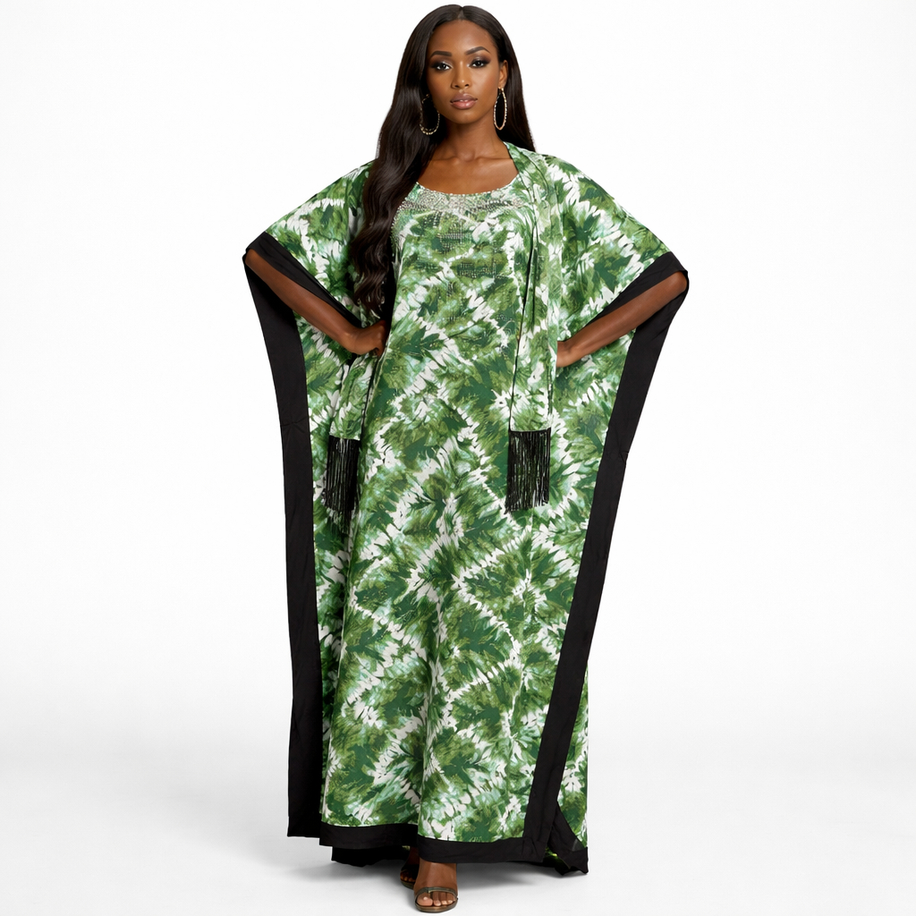 Green Abstract Print Long Dress with Matching Scarf