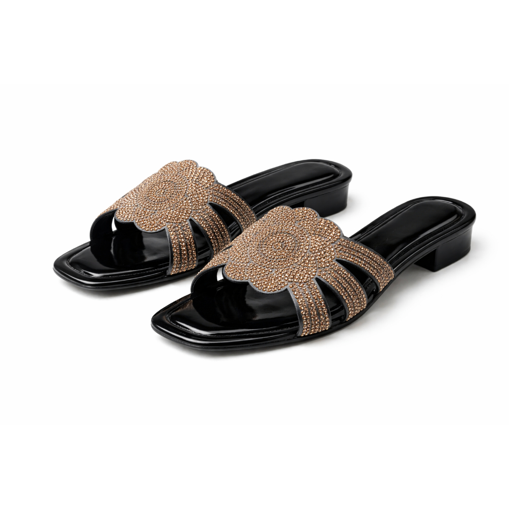 Embellished Flat Slide Sandals Black with Bronze Beaded Detail