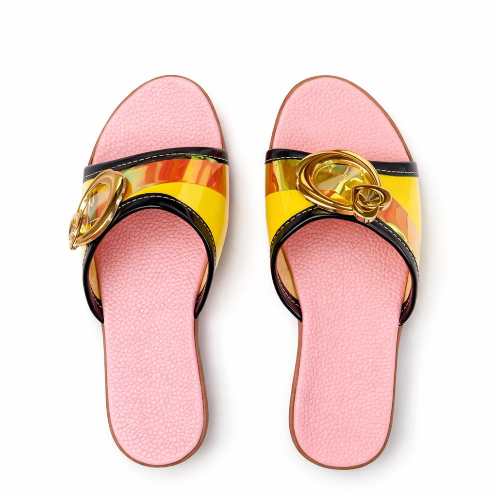 Women Low Heel Slide Sandals with Decorative Buckle