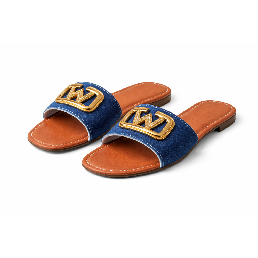 Denim Strap Flat Slide Sandals with Gold Decorative Buckle